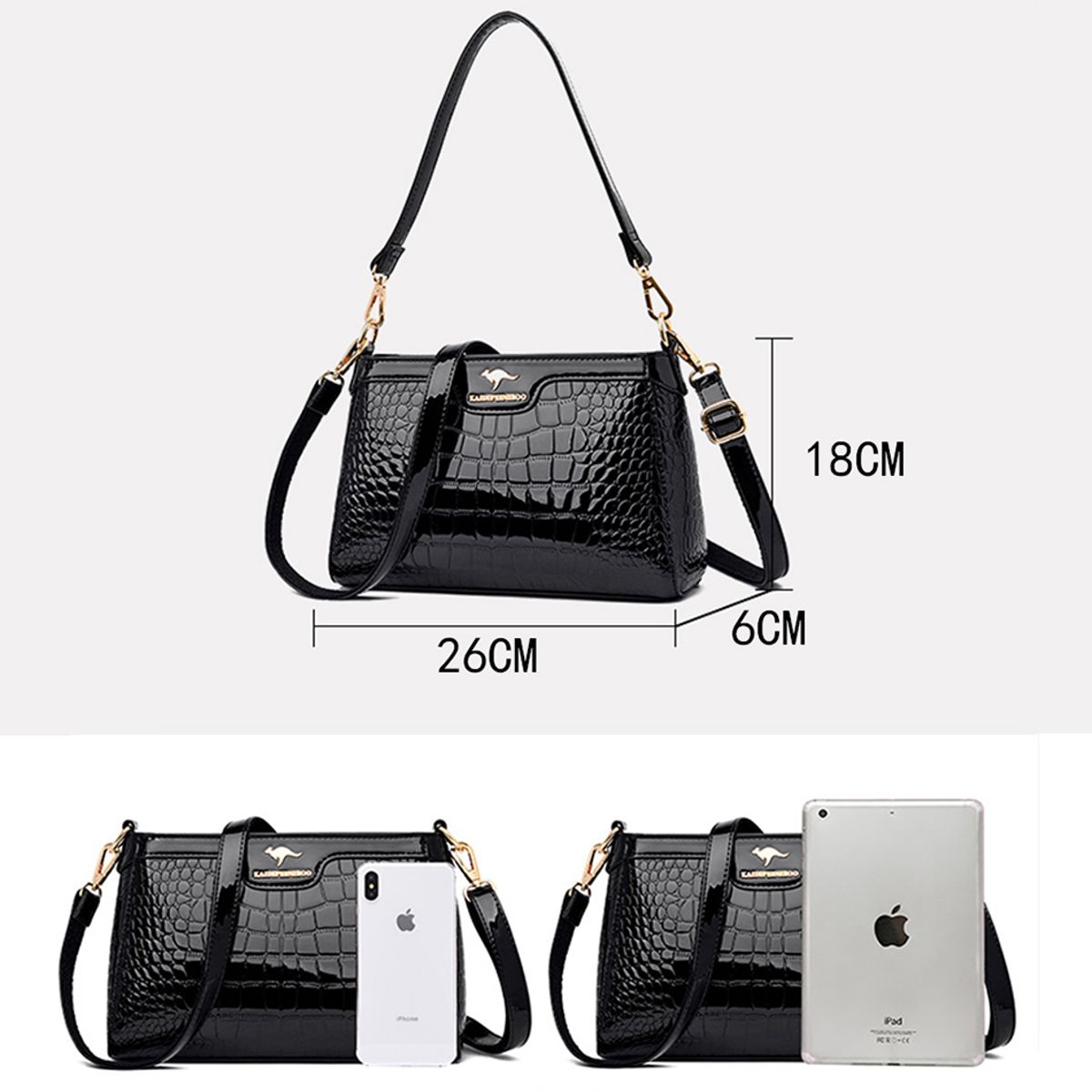 Elegant Crocodile Pattern Patent Leather Shoulder Crossbody Bag Women