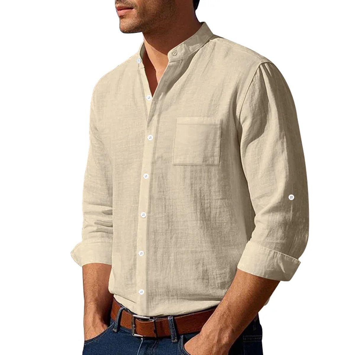 Men’s Breathable Linen Mandarin Collar Shirt for Smart Casual Hankanon - Men's Long Sleeves Shirts 1