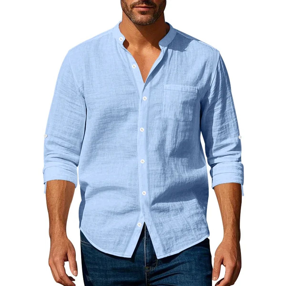 Men’s Breathable Linen Mandarin Collar Shirt for Smart Casual Hankanon - Men's Long Sleeves Shirts
