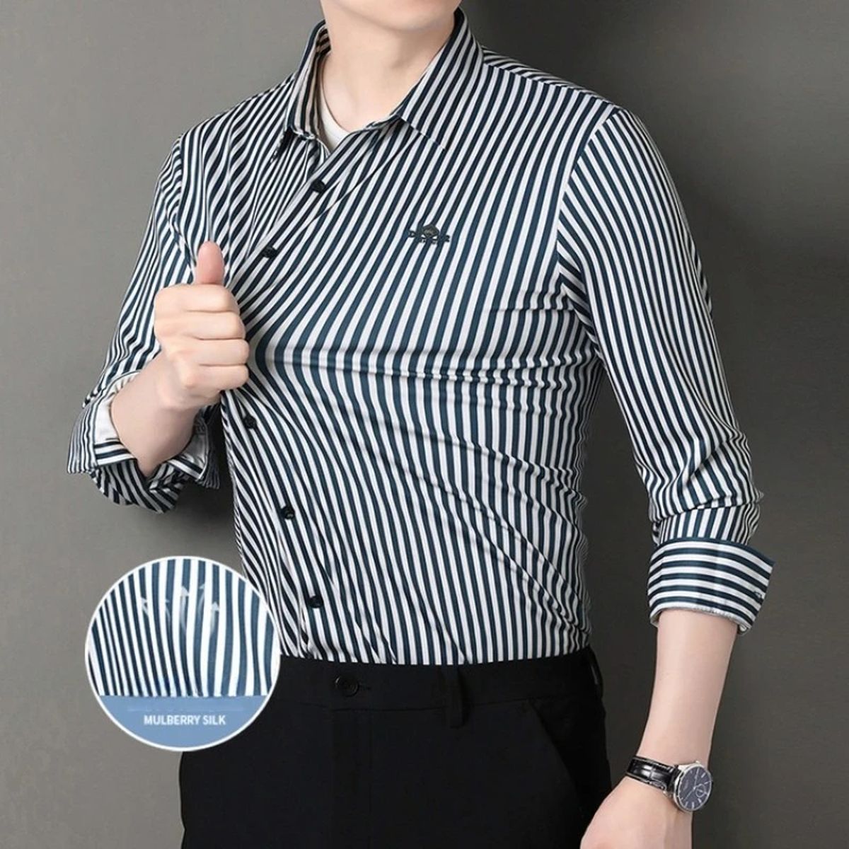 Men's Long-Sleeve Striped Shirt Slim-Fit Formal Business Style Men's Long-Sleeve Striped Shirt Slim-Fit Formal Business Style