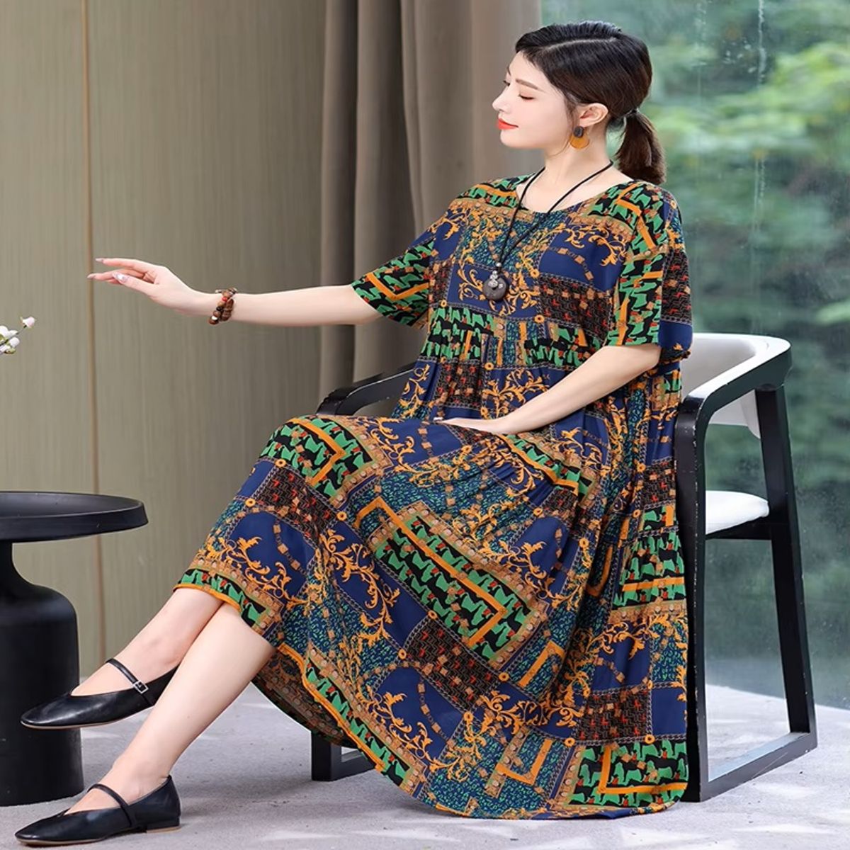 Elegant Summer Casual Dress with Print and Loose Fit Design Fanmuer - Women's Plus Size Dresses 3