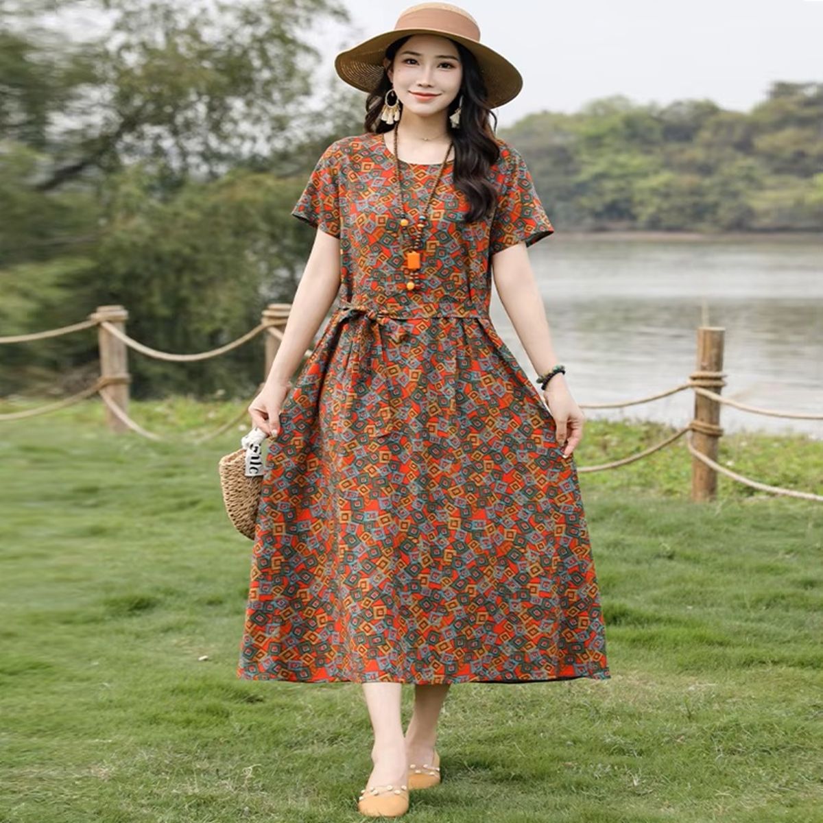 Vintage Bohemian Floral Print Maxi Dress with Waist Sash Vintage Bohemian Floral Print Maxi Dress with Waist Sash