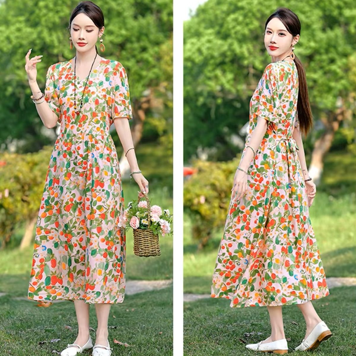 Vintage Summer Print Dress with O-Neck and Waist Sash