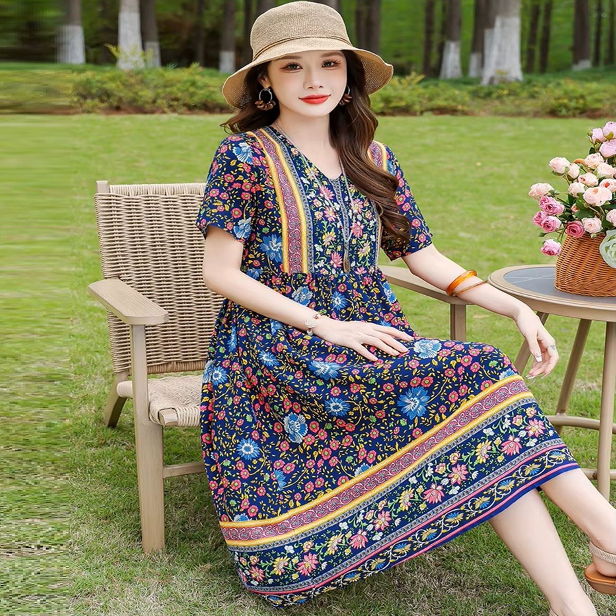 Vintage Floral Print Summer Dress with O-Neck and Short Sleeves Vintage Floral Print Summer Dress with O-Neck and Short Sleeves