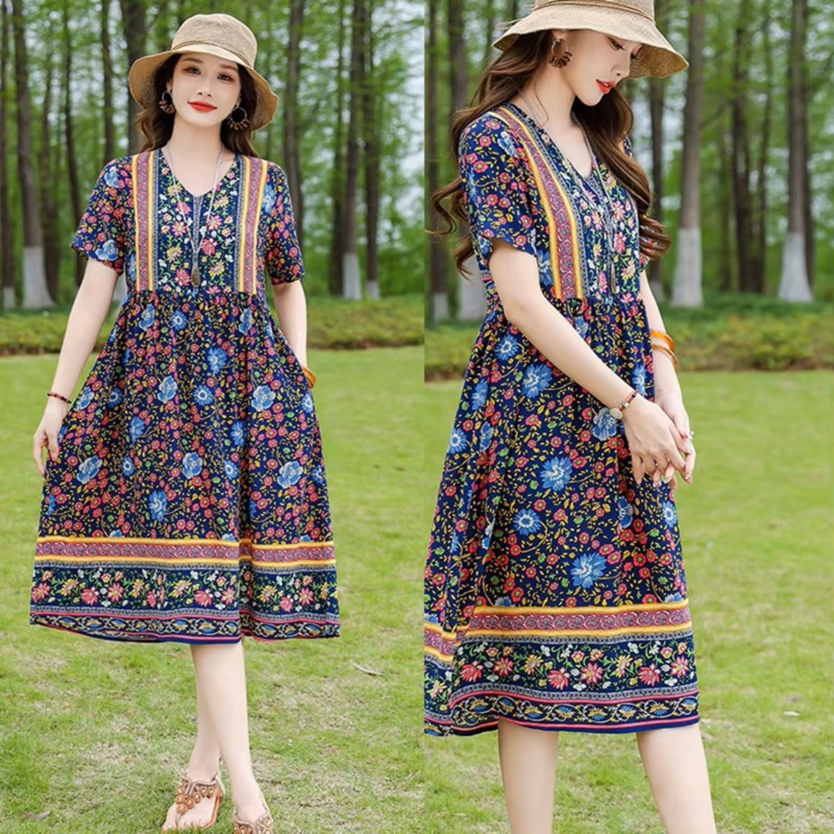 Vintage Floral Print Summer Dress with O-Neck and Short Sleeves Vintage Floral Print Summer Dress with O-Neck and Short Sleeves