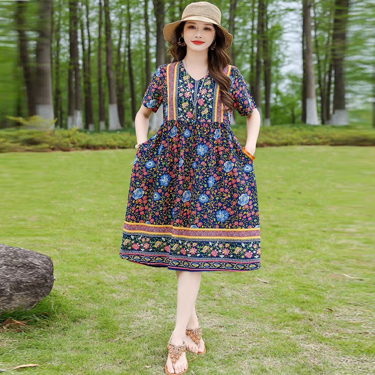 Vintage Floral Print Summer Dress with O-Neck and Short Sleeves Vintage Floral Print Summer Dress with O-Neck and Short Sleeves
