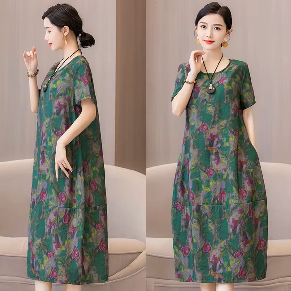 Elegant Summer Bohemian Dress with Floral Print and Pockets Fanmuer - Women's Plus Size Dresses 3