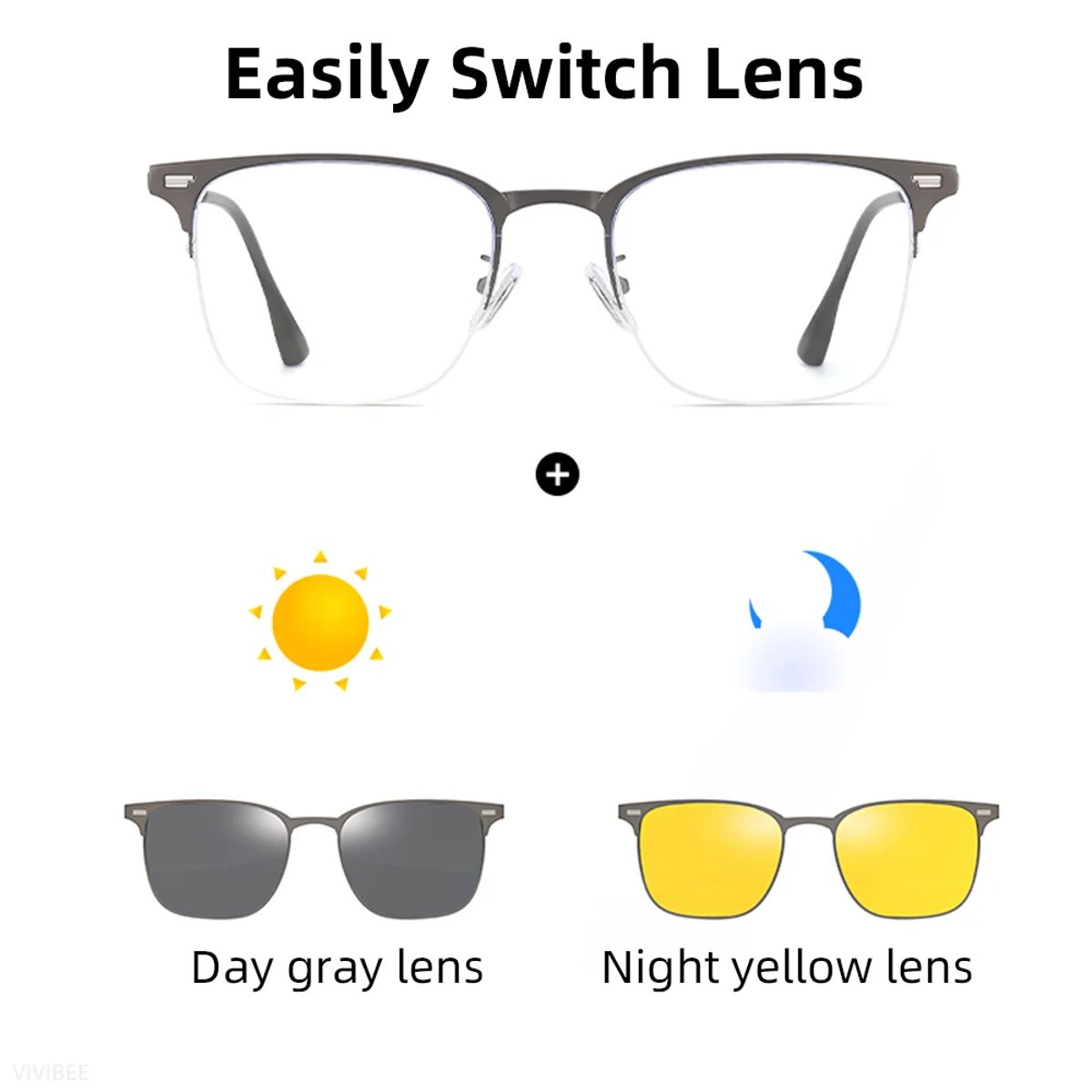 Semi Rimless Polarized Clip On Sunglasses with Blue Light Protection Vivibee - Men's Square Sunglasses 3