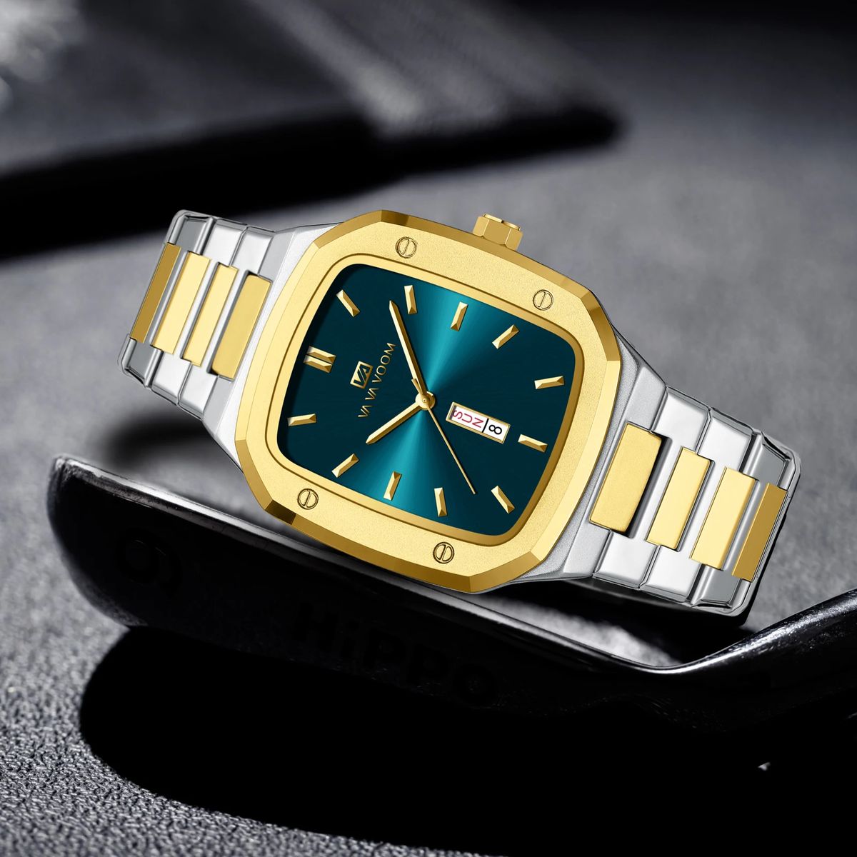 Modern Square Quartz Watch with Calendar and Steel Strap