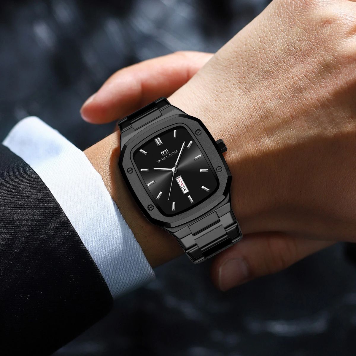 Modern Square Quartz Watch with Calendar and Steel Strap