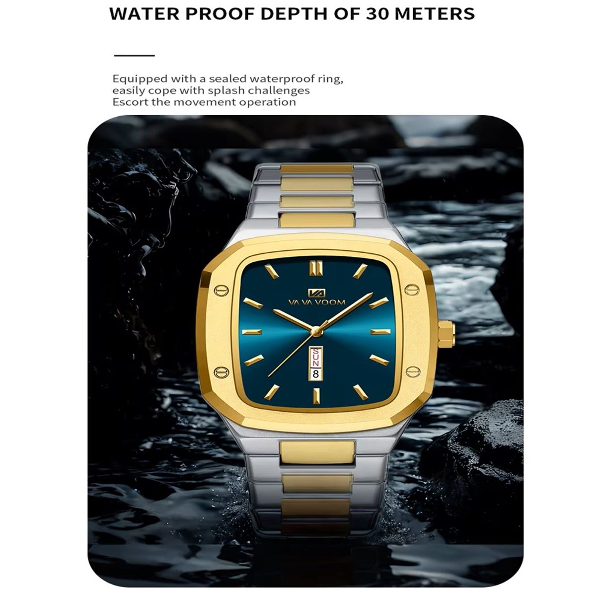 Modern Square Quartz Watch with Calendar and Steel Strap