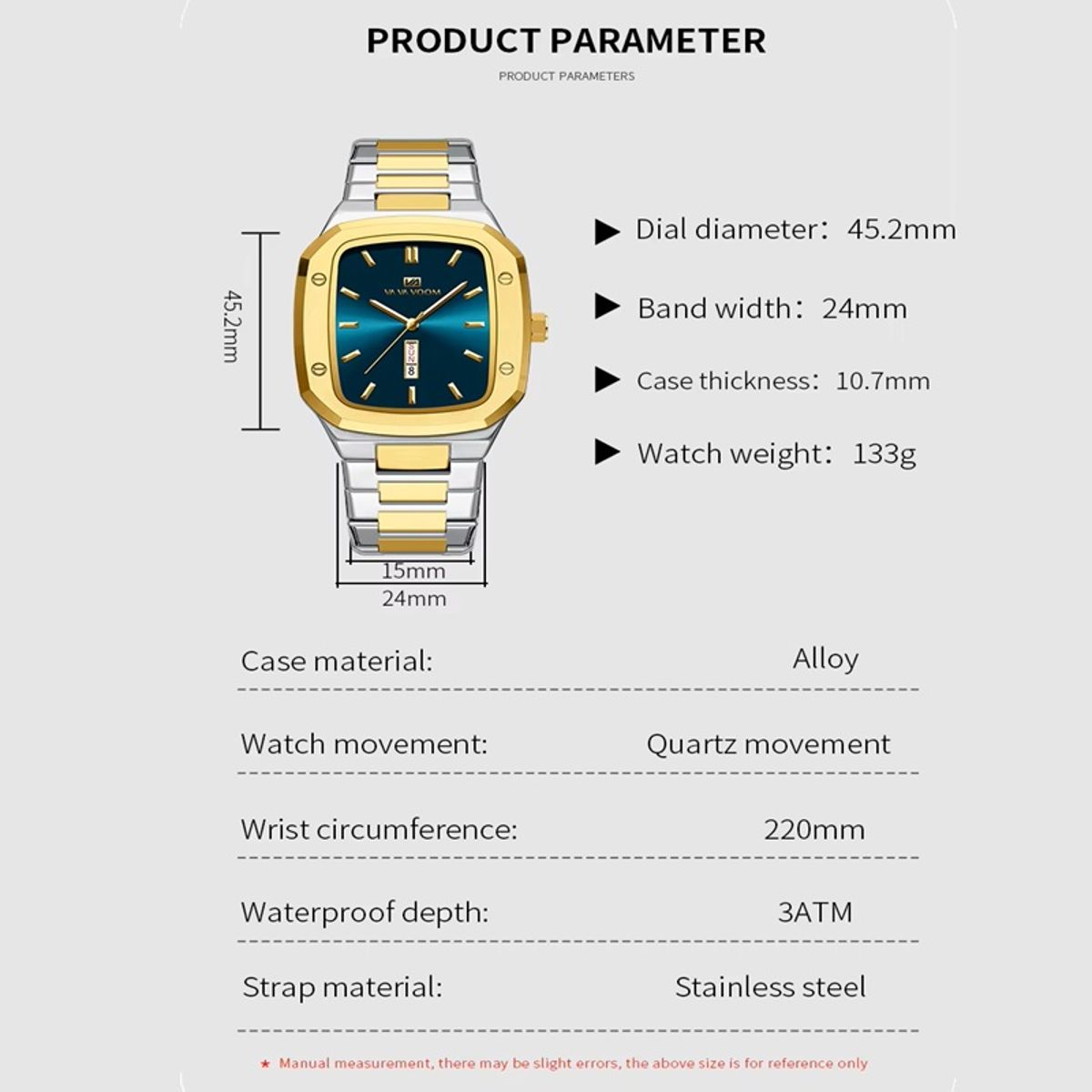 Modern Square Quartz Watch with Calendar and Steel Strap