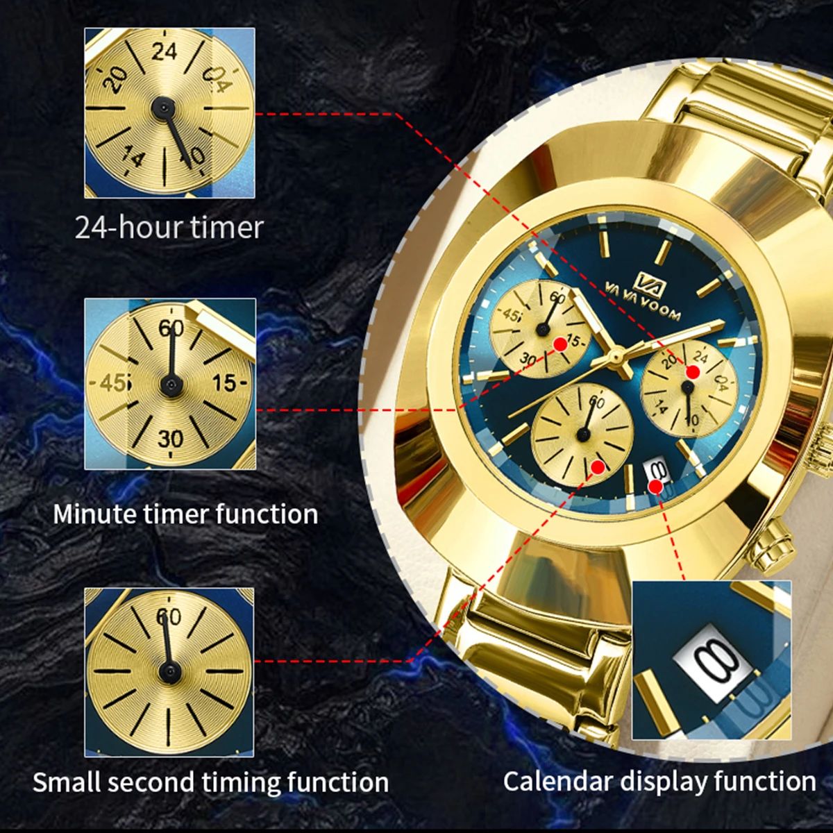 Stylish Oval Dial Quartz Watch with Calendar and Stopwatch Stylish Oval Dial Quartz Watch with Calendar and Stopwatch