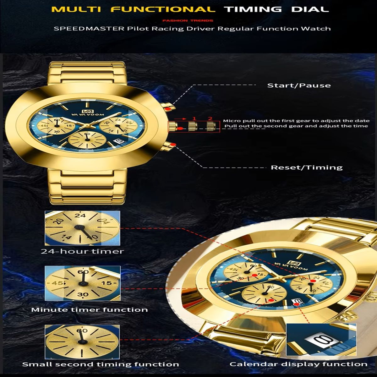 Stylish Oval Dial Quartz Watch with Calendar and Stopwatch Stylish Oval Dial Quartz Watch with Calendar and Stopwatch