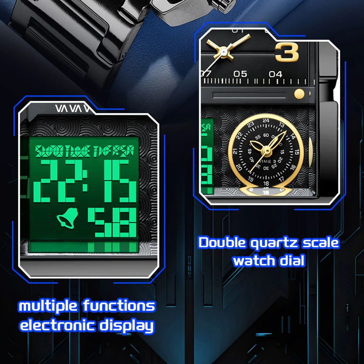 Square Dual Display Watch with LED and Mesh Strap Square Dual Display Watch with LED and Mesh Strap