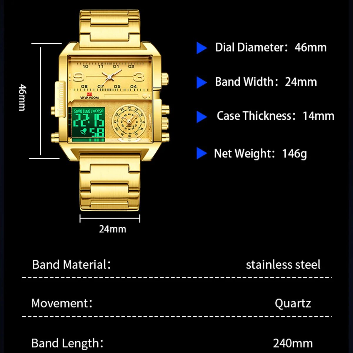 Square Dual Display Watch with LED and Mesh Strap Square Dual Display Watch with LED and Mesh Strap