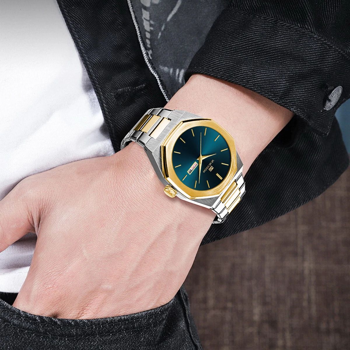 Luxury Stainless Steel Business Watch with Dual Calendar Display