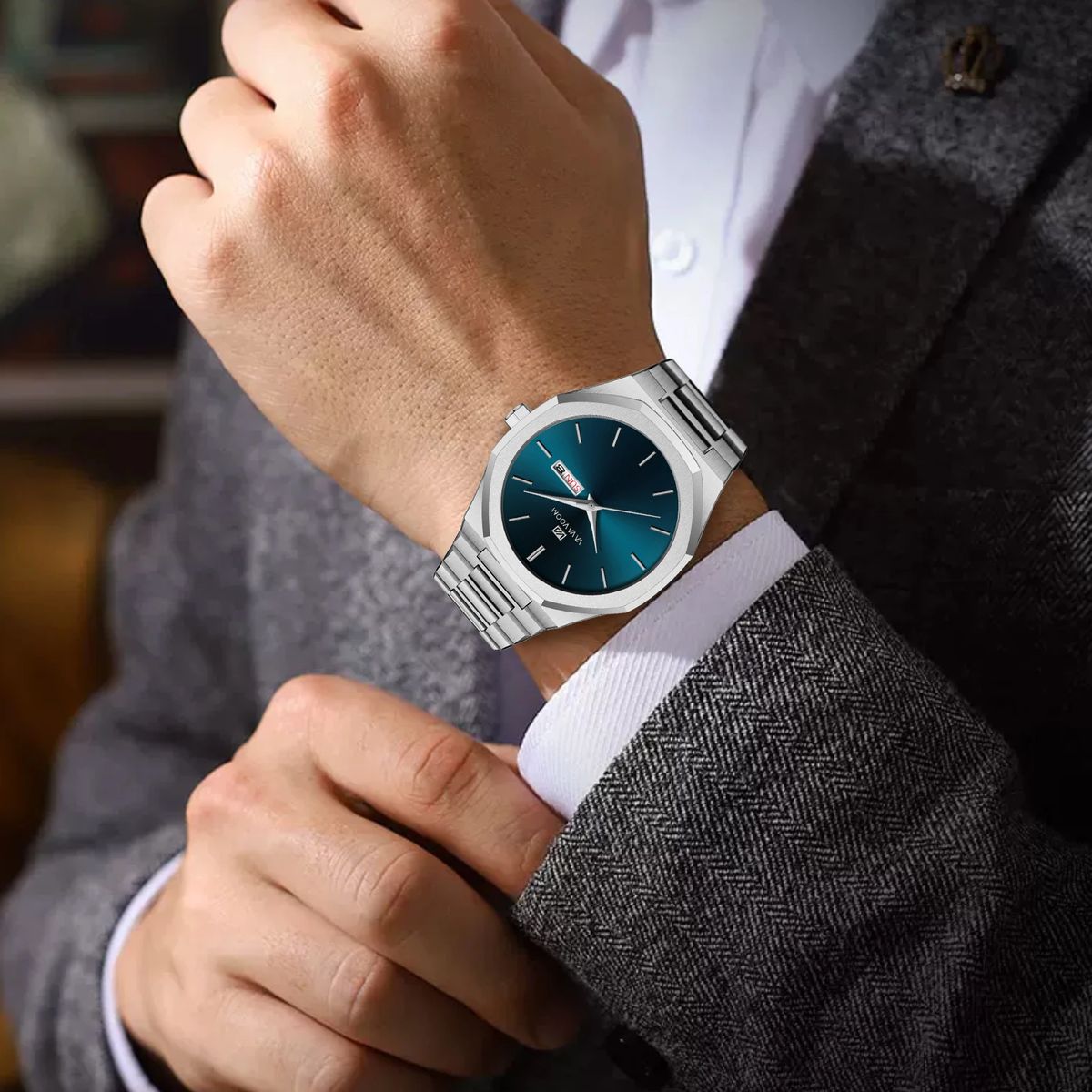 Luxury Stainless Steel Business Watch with Dual Calendar Display