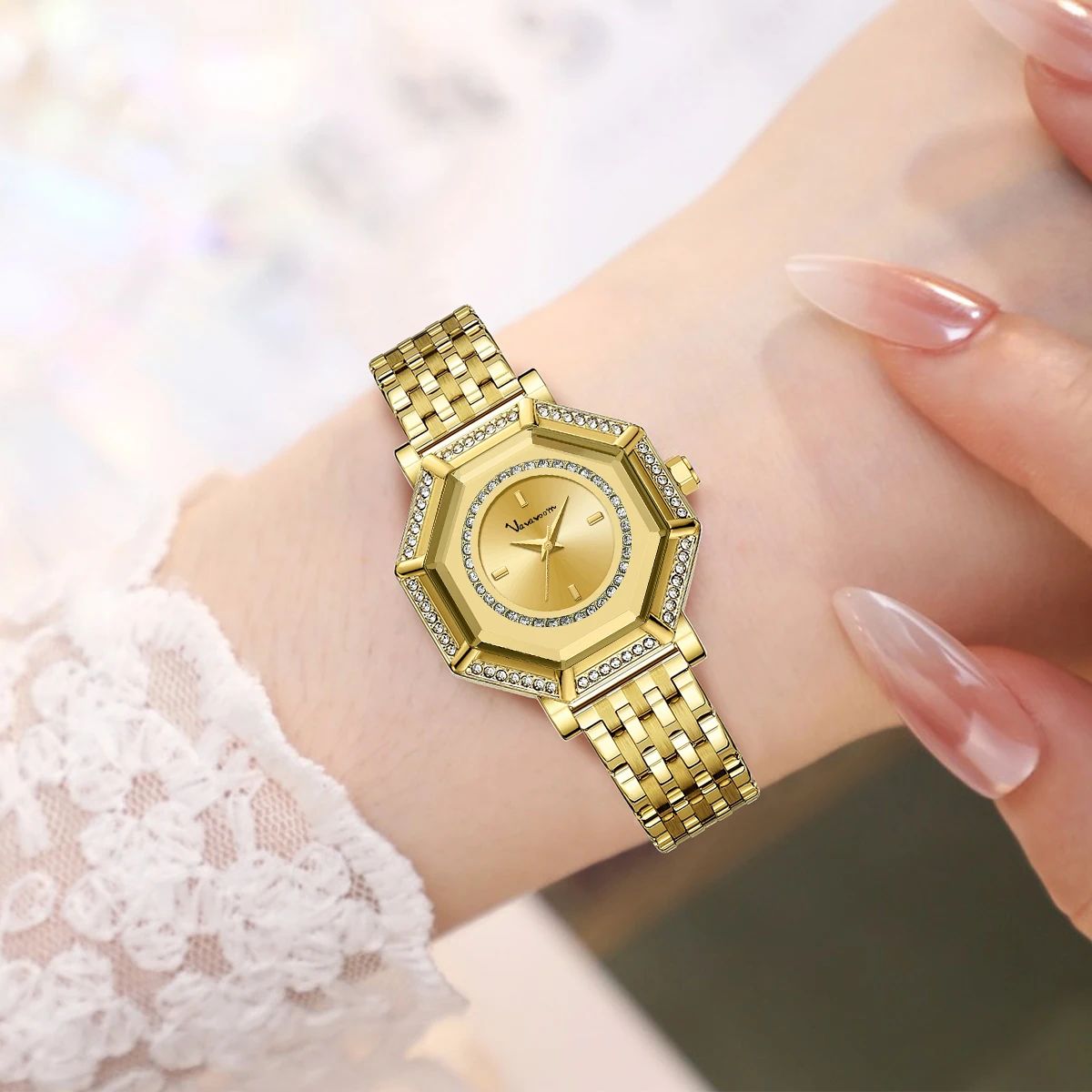 Elegant Geometric Rhinestone Women Watch with Stainless Steel Mesh VA VA VOOM - Women's Dress Watches 1