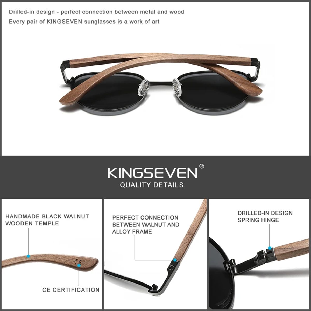 Classic Round Wooden Polarized Sunglasses with UV400 Mirror Lens Kingseven - Women's Round Sunglasses 3
