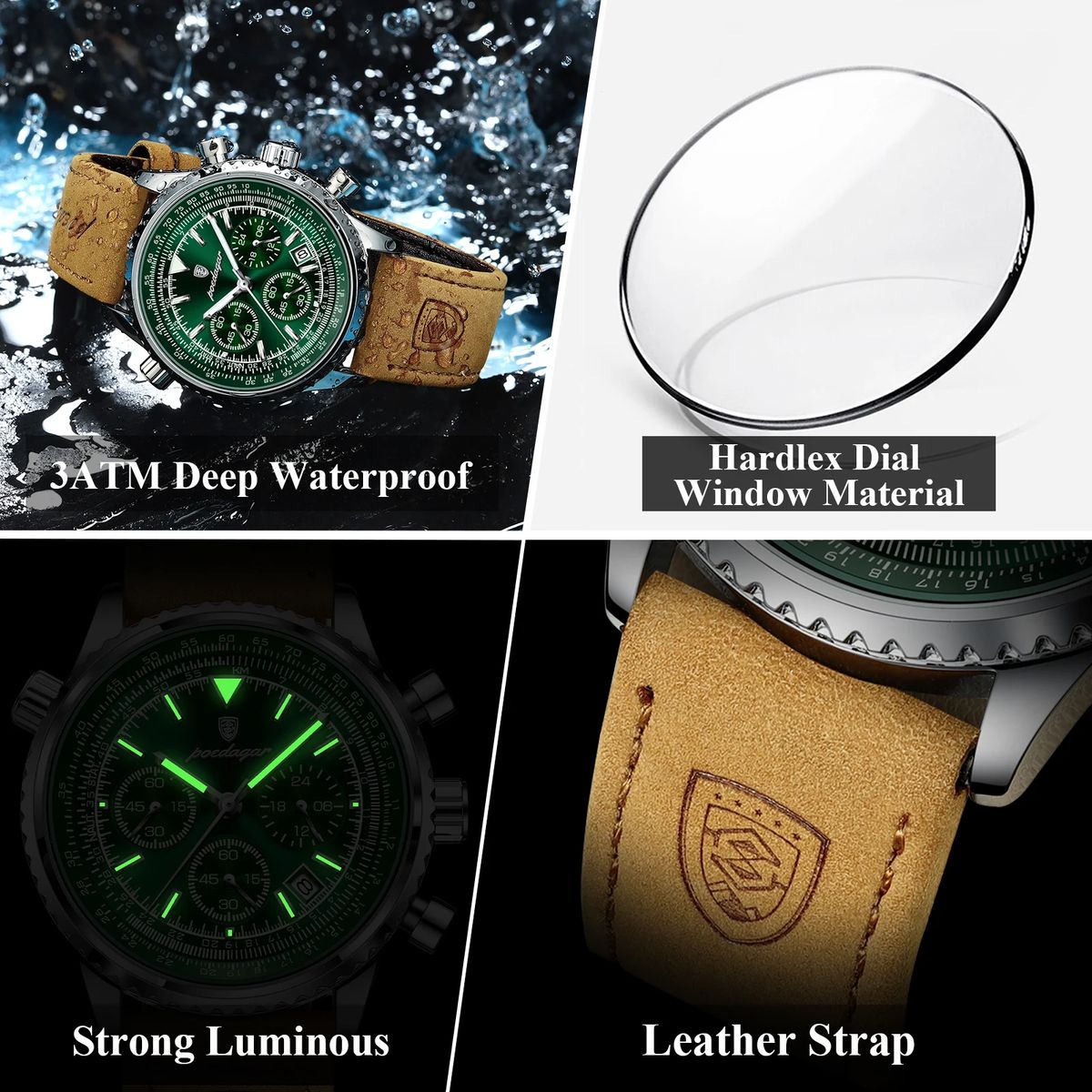 Elegant Chronograph Leather Watch for Men with Luminous Display Poedagar - Men's Dress Watches 2