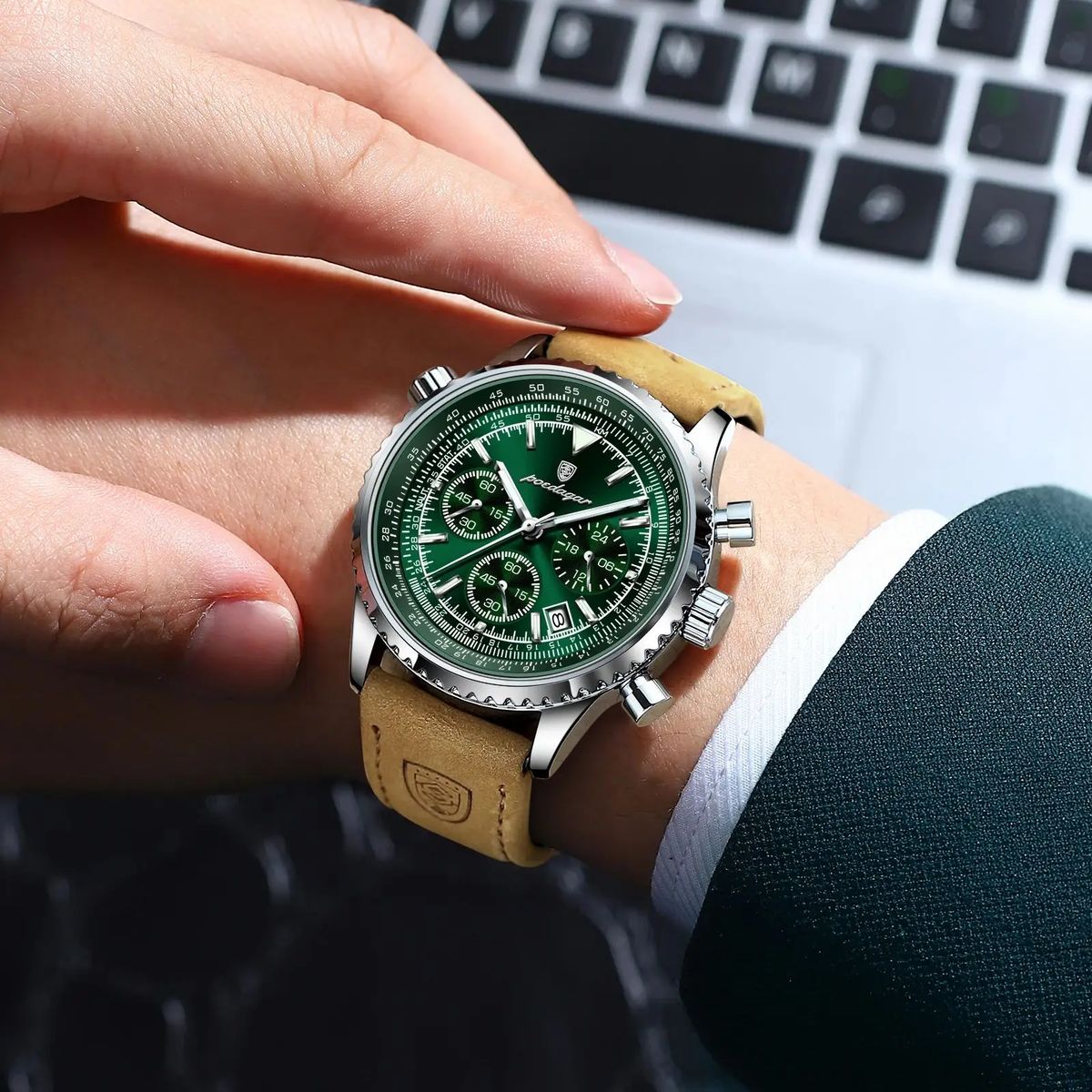 Elegant Chronograph Leather Watch for Men with Luminous Display Poedagar - Men's Dress Watches 3
