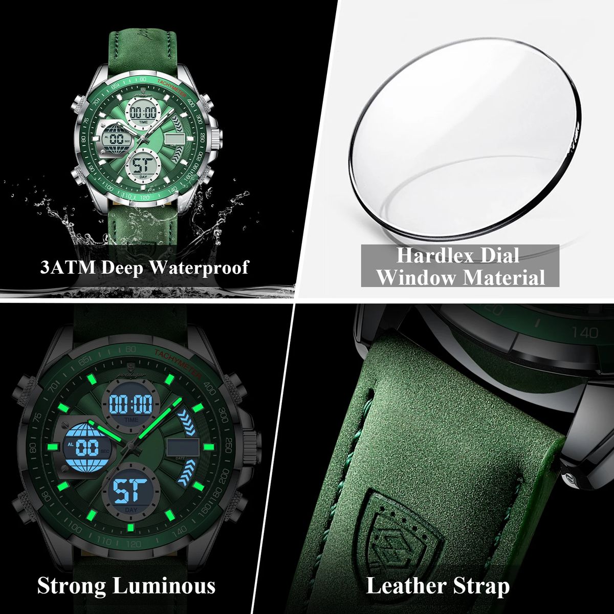 POEDAGAR Modern Dual Display Men’s Watch with LED Light and Multi-Function Design