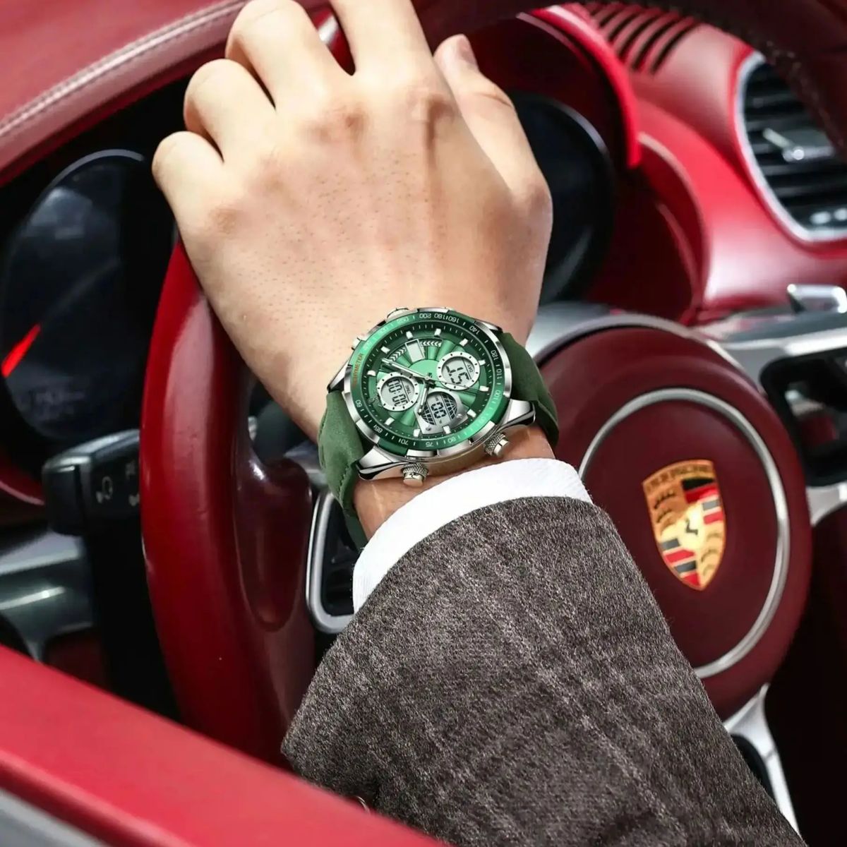 POEDAGAR Modern Dual Display Men’s Watch with LED Light and Multi-Function Design