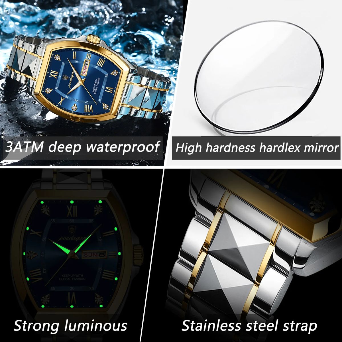 POEDAGAR Luxury Stainless Steel Luminous Waterproof Quartz Watch