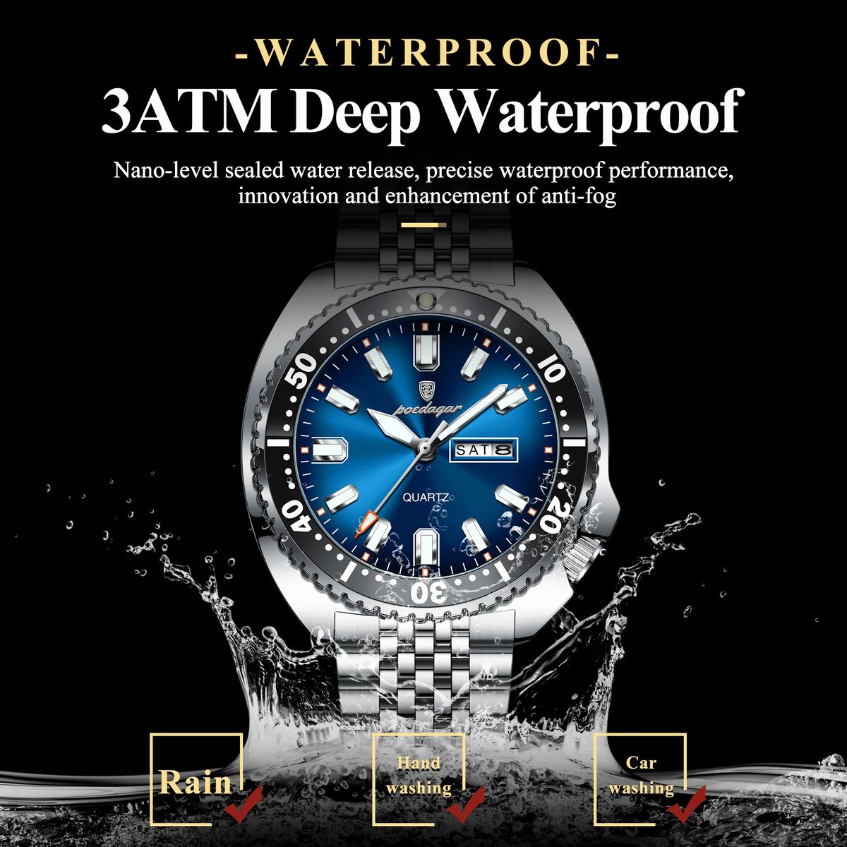 POEDAGAR Luxury Stainless Steel Luminous Quartz Sports Watch