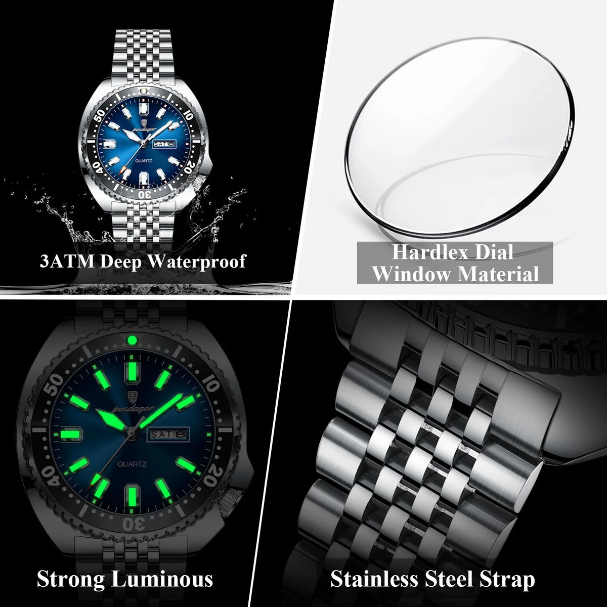 POEDAGAR Luxury Stainless Steel Luminous Quartz Sports Watch