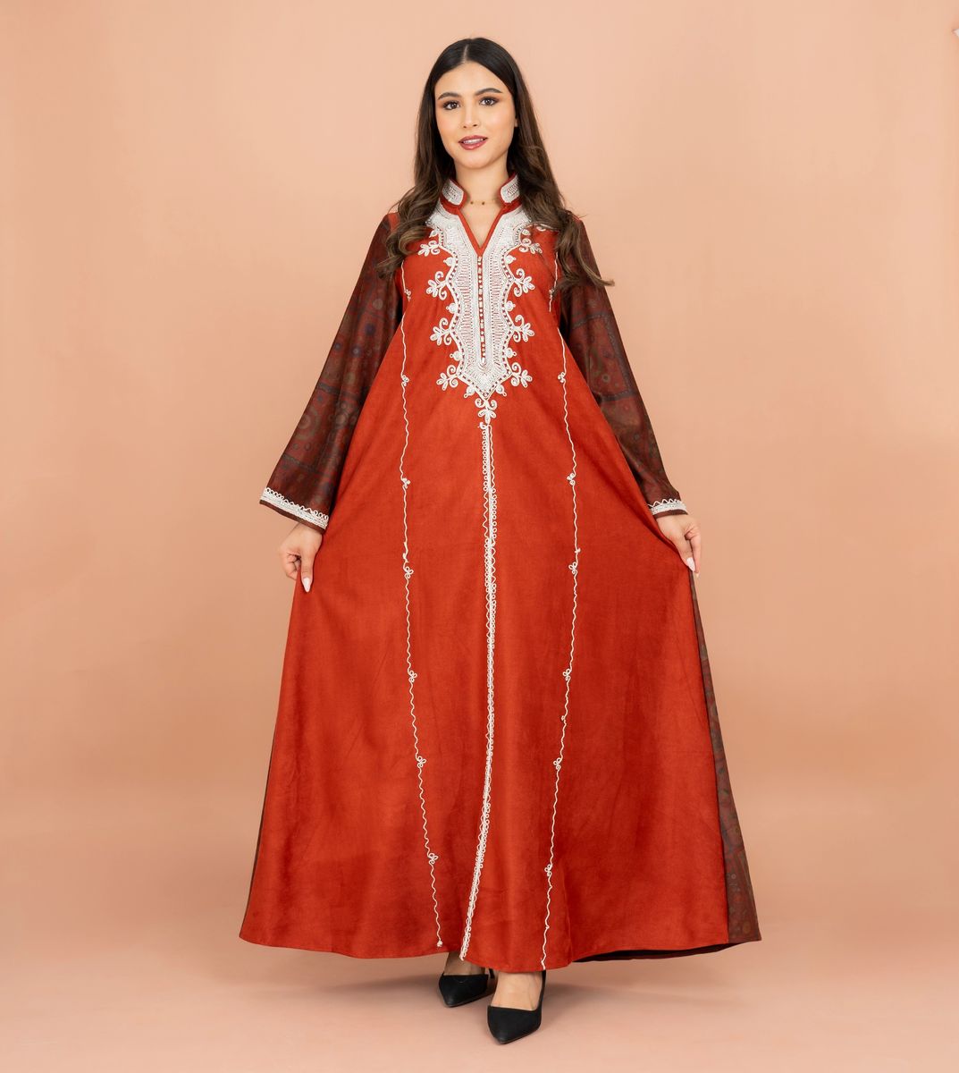 Mandarin Colar White Embroidery Winter Straight Cut Jalabiya IKKXA - Women's Jalabiyas 16
