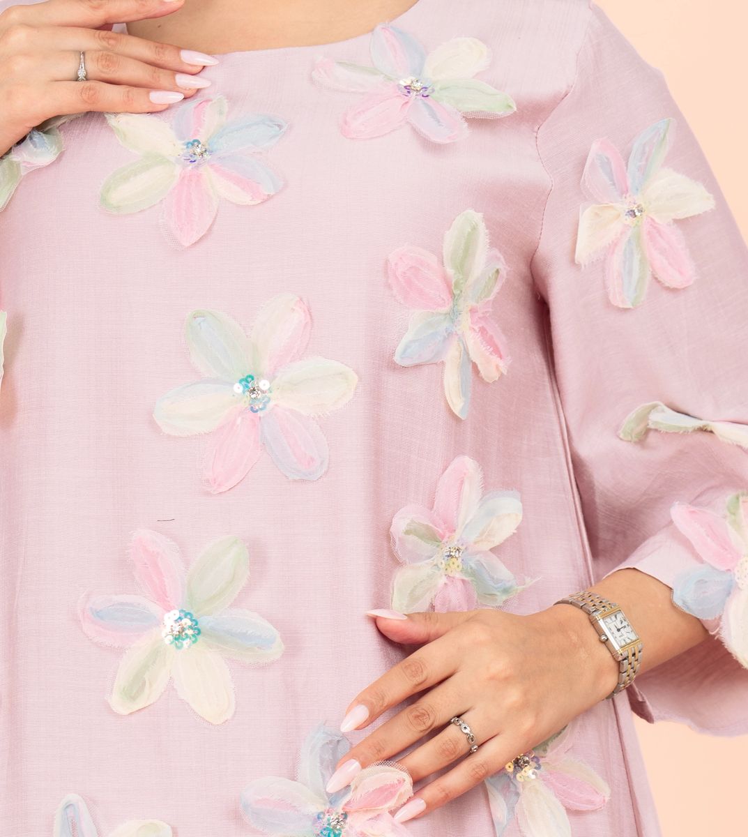 Three Dimensional Flowers Crystal Solid Modern Jalabiya IKKXA - Women's Jalabiyas 50