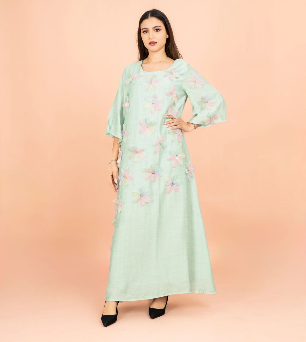 Three Dimensional Flowers Crystal Solid Modern Jalabiya IKKXA - Women's Jalabiyas 33