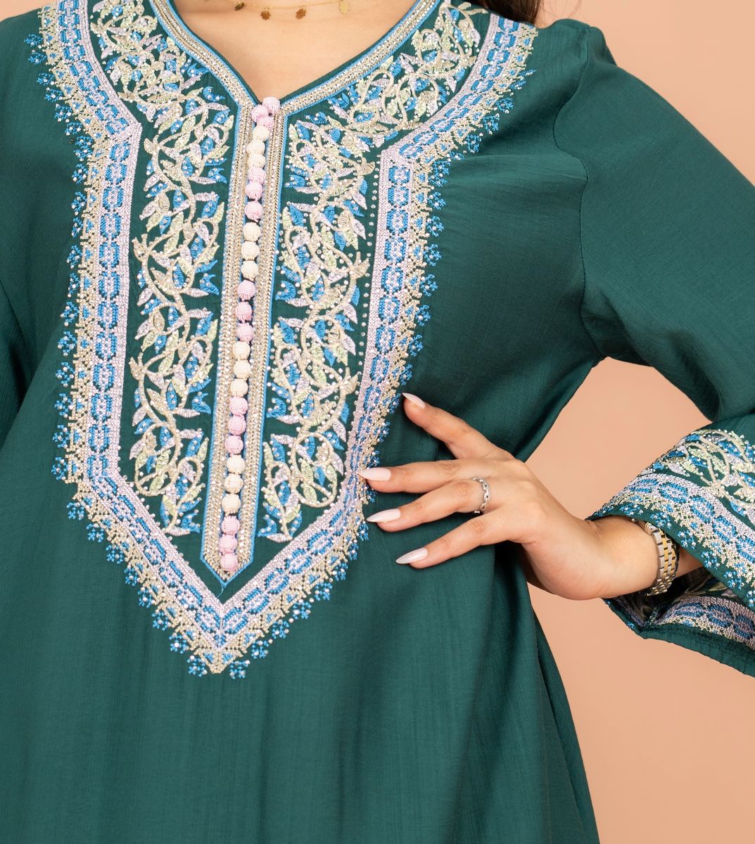 Classic Solid Embroidery Front and Sleeves Jalabiya IKKXA - Women's Jalabiyas 34