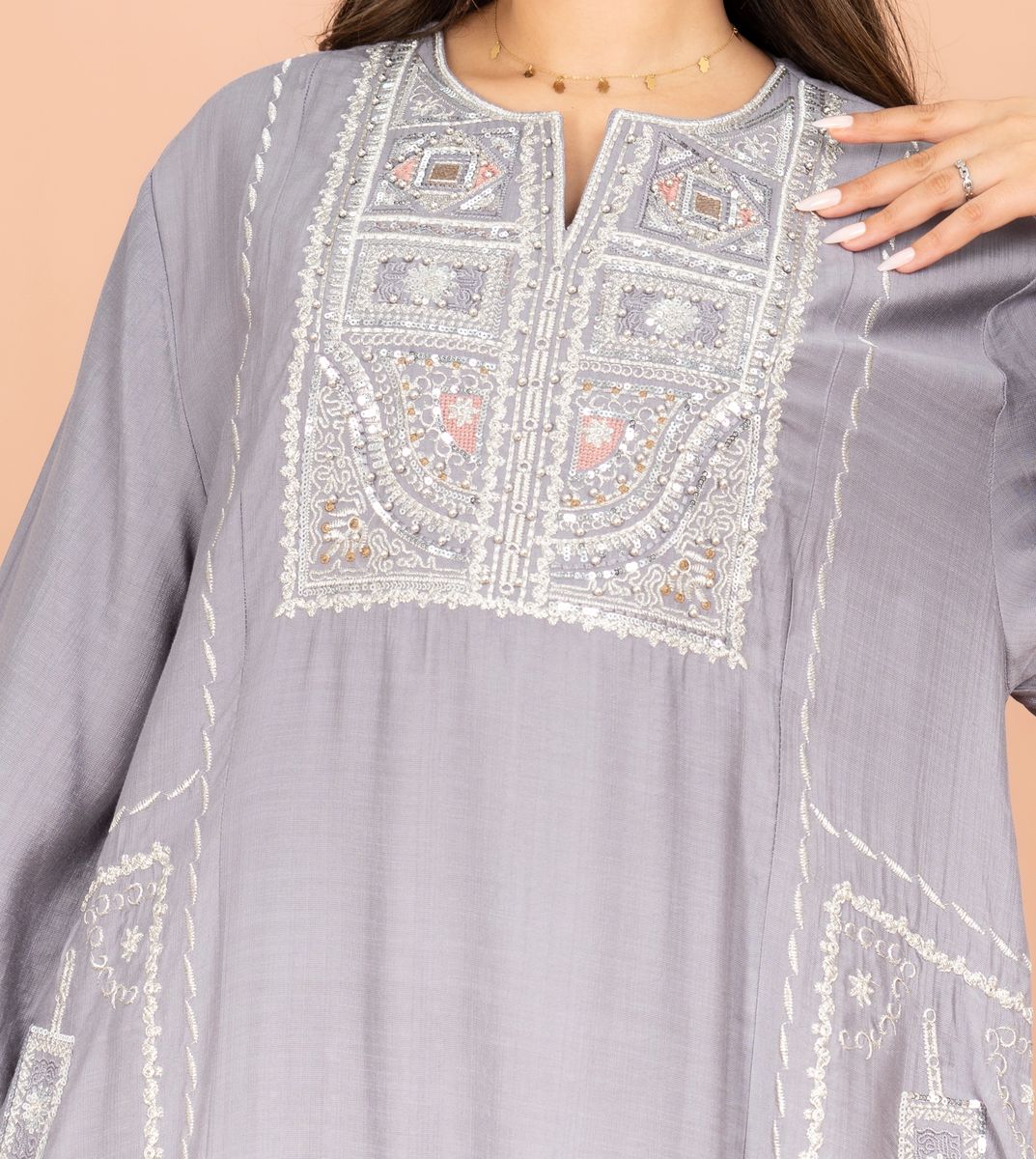 Solid Jalabiya Crystal Details Wide Cut Arabisque IKKXA - Women's Jalabiyas 18