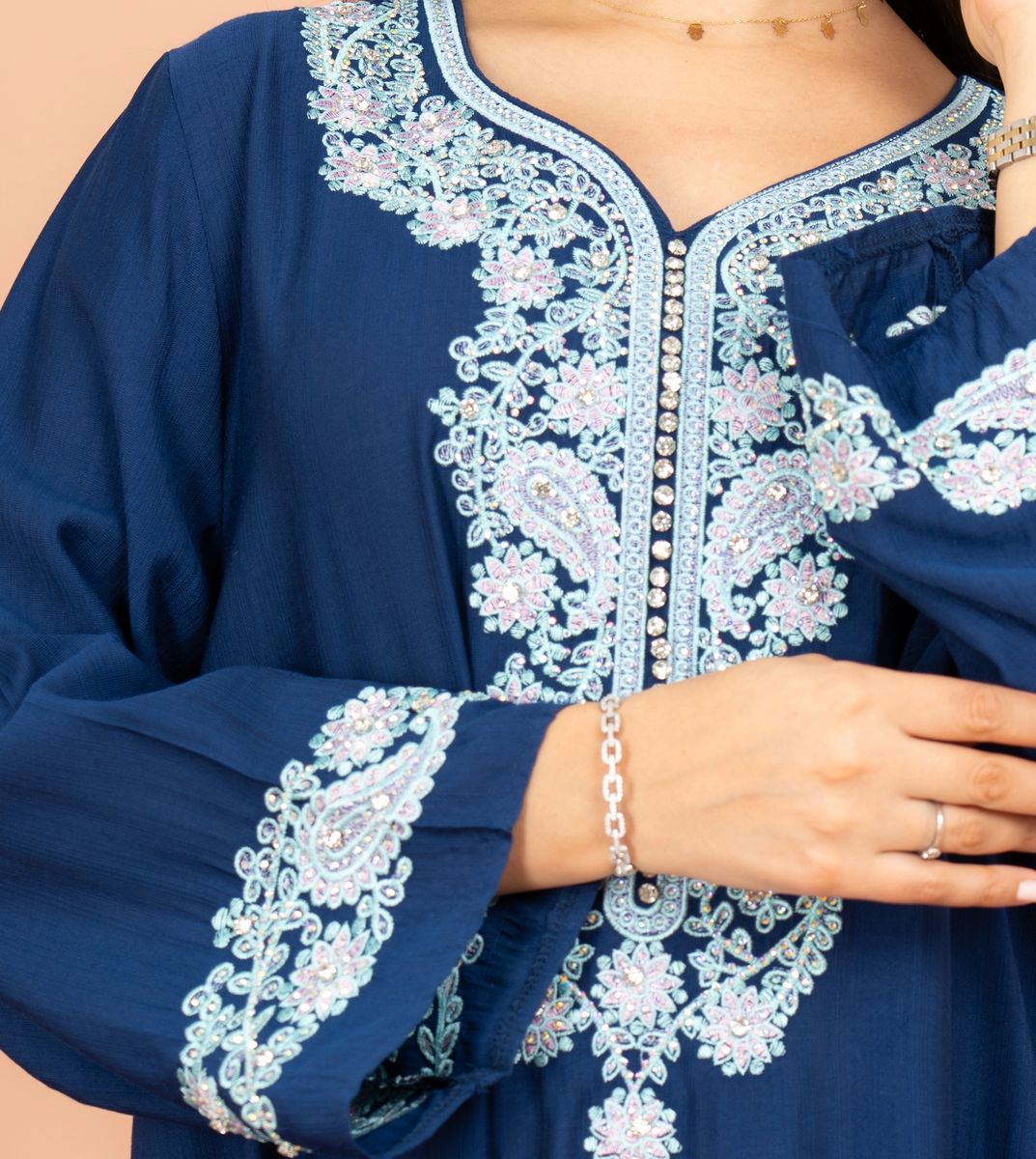 Classic Solid Floral Embroidery Crystal Jalabiya IKKXA - Women's Jalabiyas 18