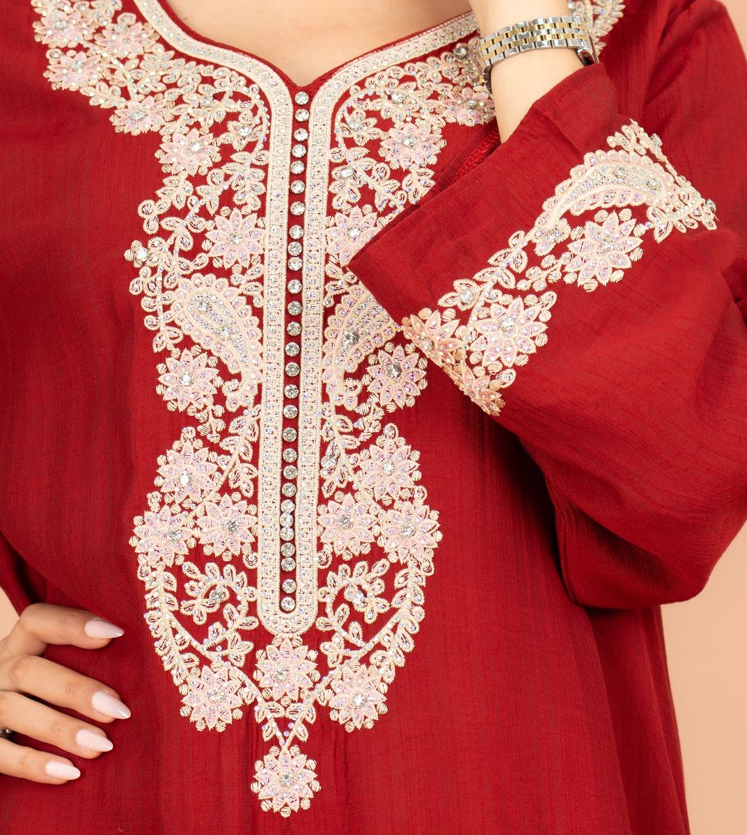 Classic Solid Floral Embroidery Crystal Jalabiya IKKXA - Women's Jalabiyas 34