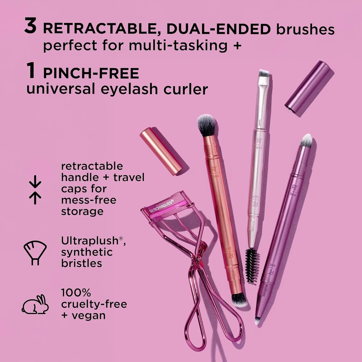 Real Techniques Dual-Ended Eye Brush Set with Eyelash Curler Included Real Techniques Dual-Ended Eye Brush Set with Eyelash Curler Included