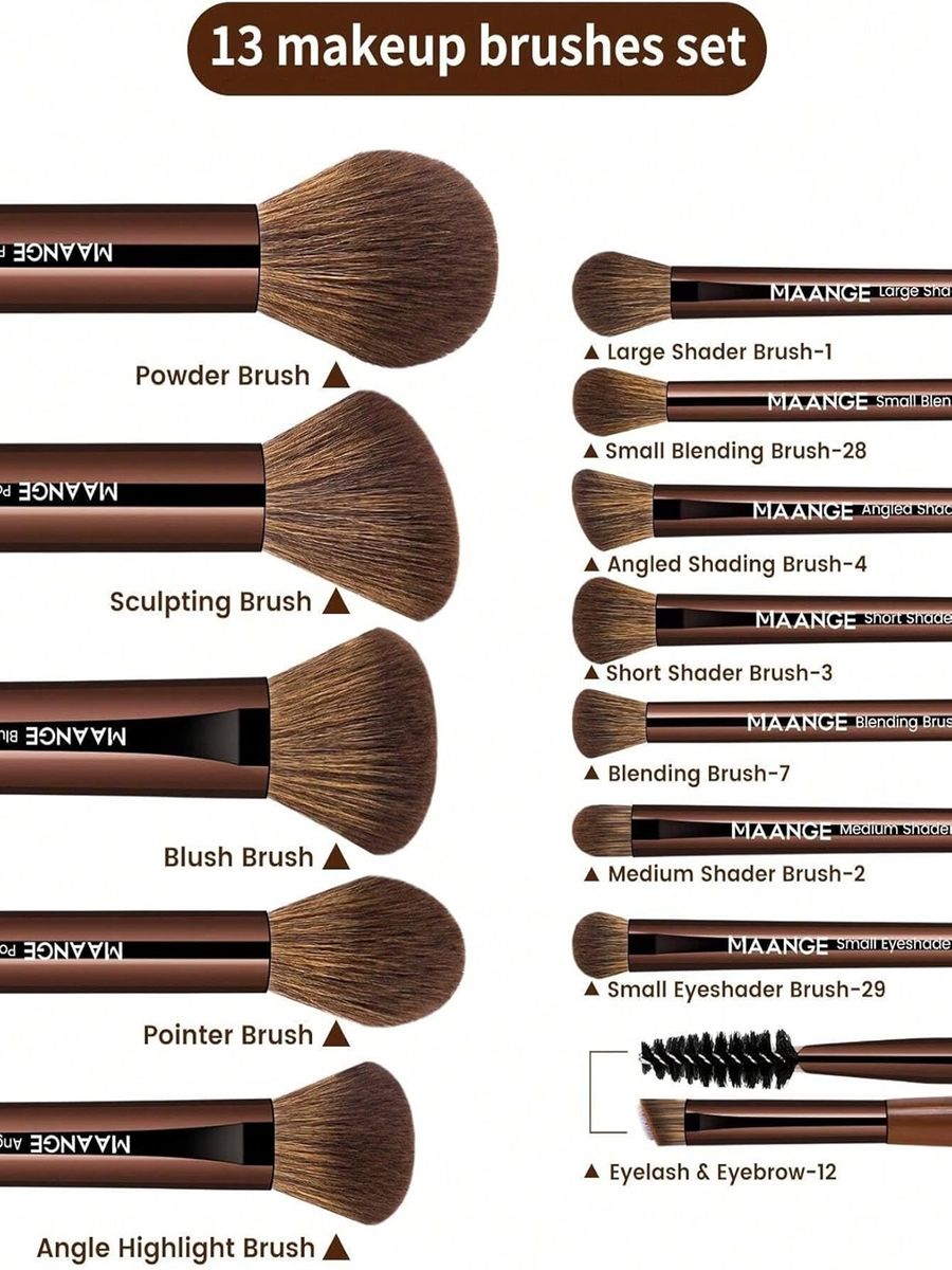 Maange 13-Piece Professional Makeup Brush Set Soft Brown Design