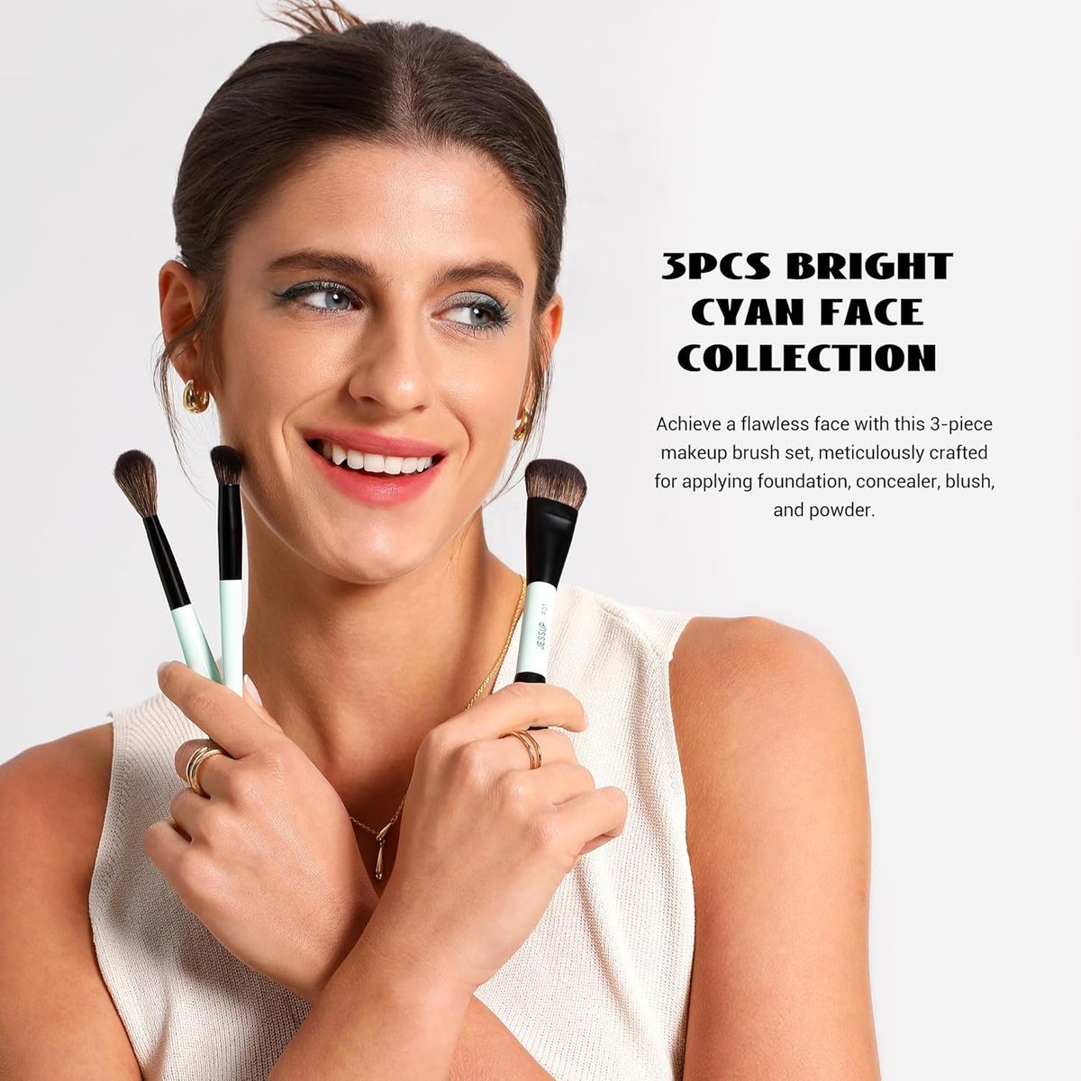 Jessup 3-Piece Double-Ended Face Brush Set Bright Cyan Vegan