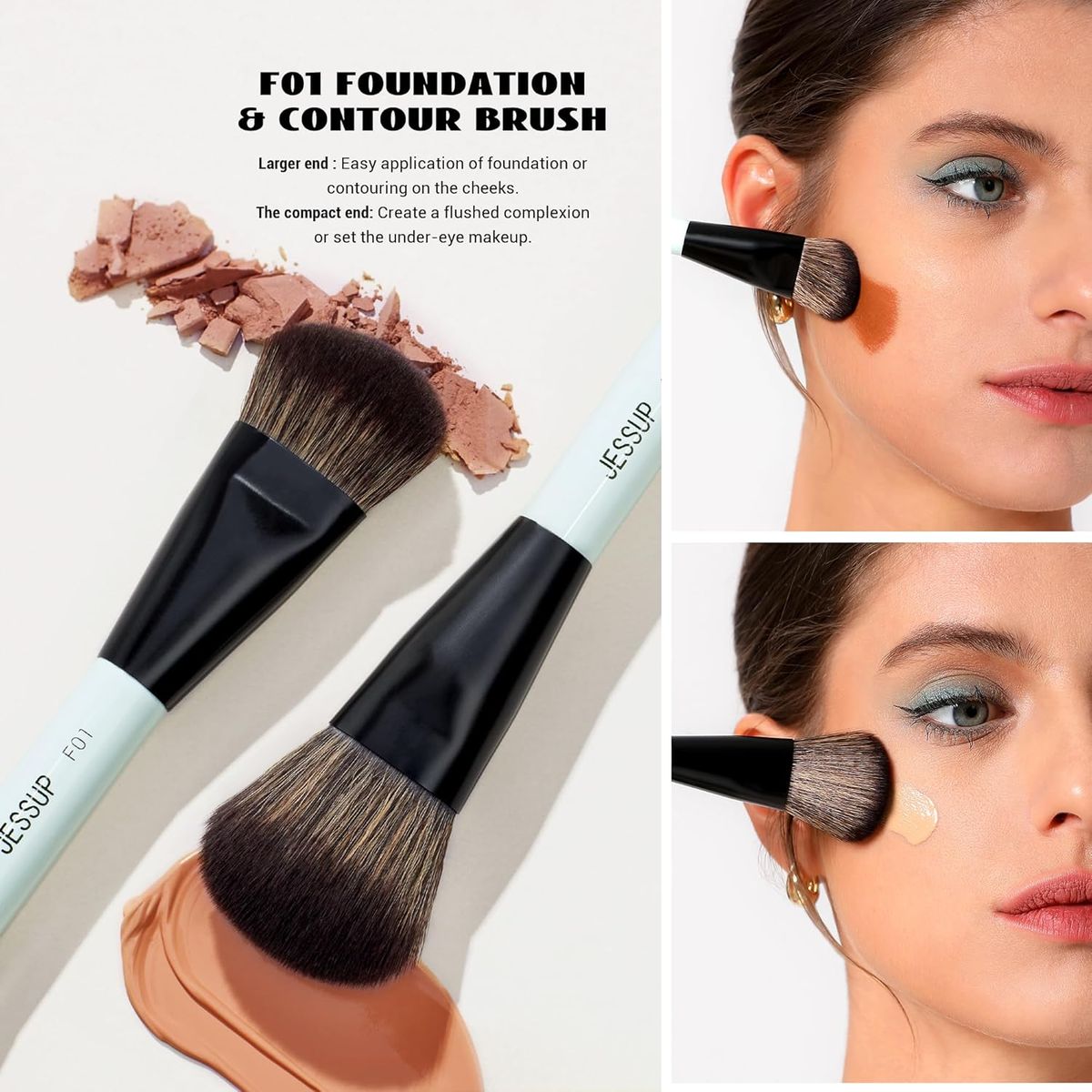 Jessup 3-Piece Double-Ended Face Brush Set Bright Cyan Vegan