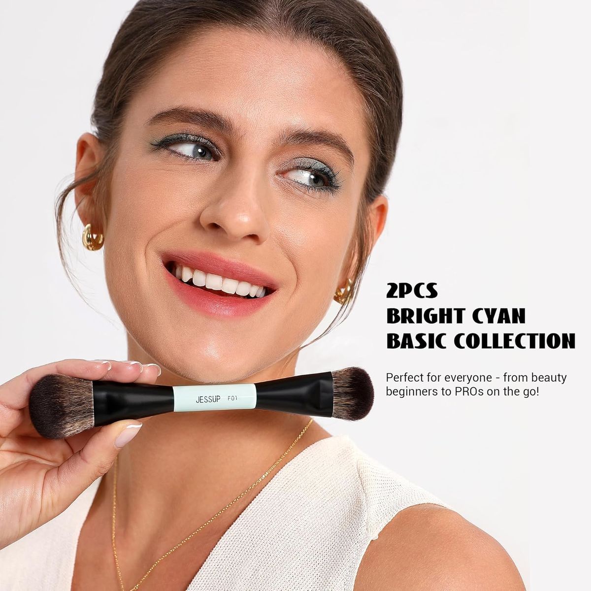 Jessup 2-Piece Double-Ended Makeup Brush Set Bright Cyan Multi-Use Jessup 2-Piece Double-Ended Makeup Brush Set Bright Cyan Multi-Use