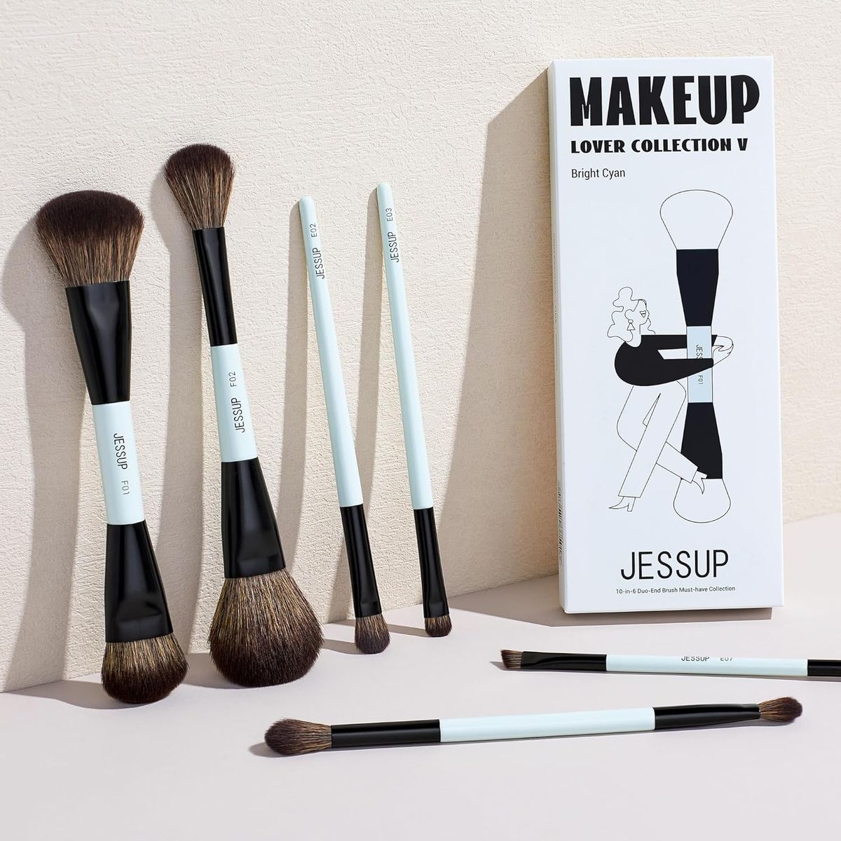 Jessup 6-Piece Double-Ended Makeup Brush Set Bright Cyan Vegan