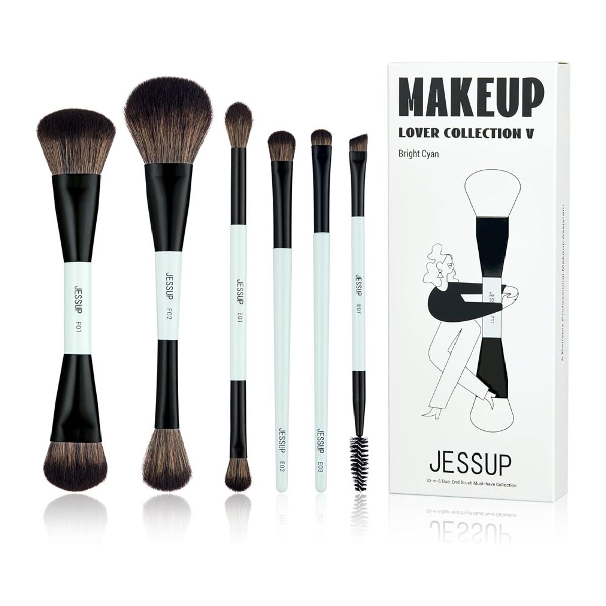 Jessup 6-Piece Double-Ended Makeup Brush Set Bright Cyan Vegan