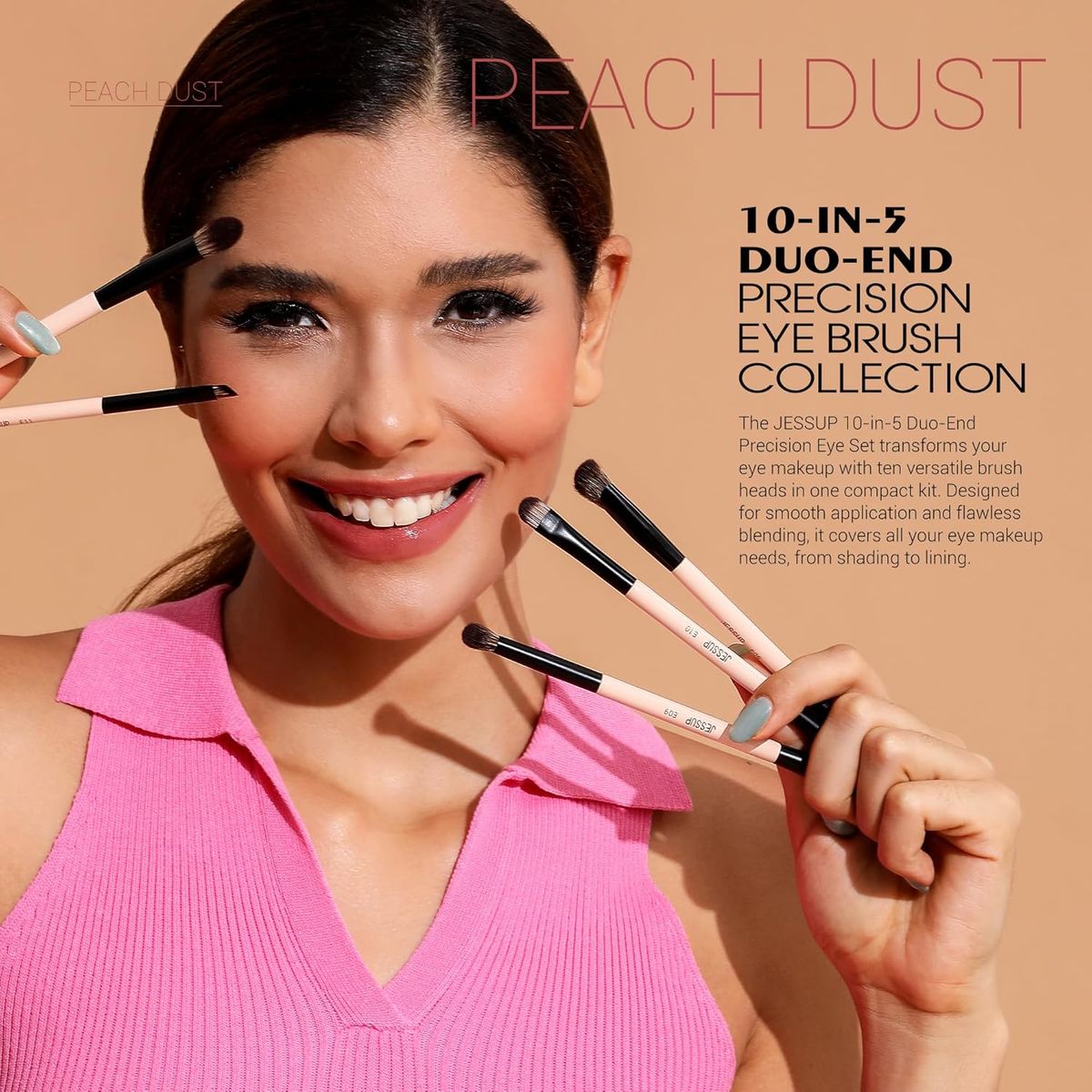 Jessup 10-in-5 Double-Ended Eye Brush Set Peach Dust Vegan