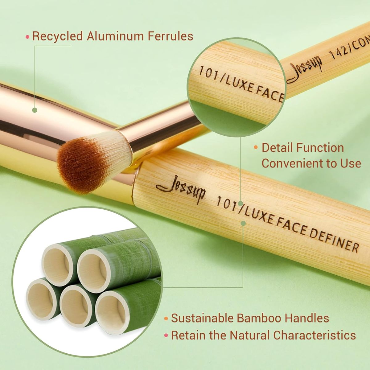Jessup 25-Piece Bamboo Professional Makeup Brush Set for Face and Eyes