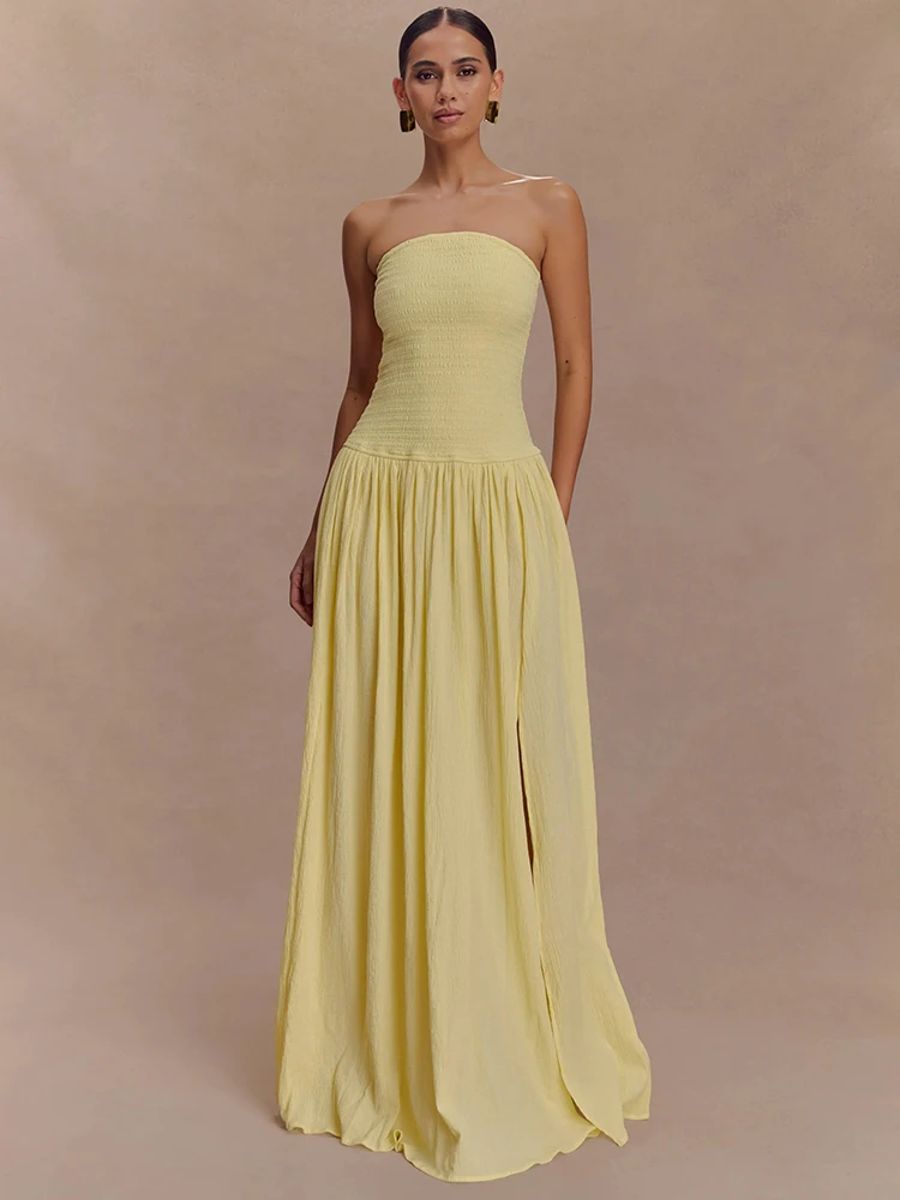 Elegant Off-Shoulder Strapless Backless Maxi Dress with High Split Mozision - Women's Maxi Dresses 1