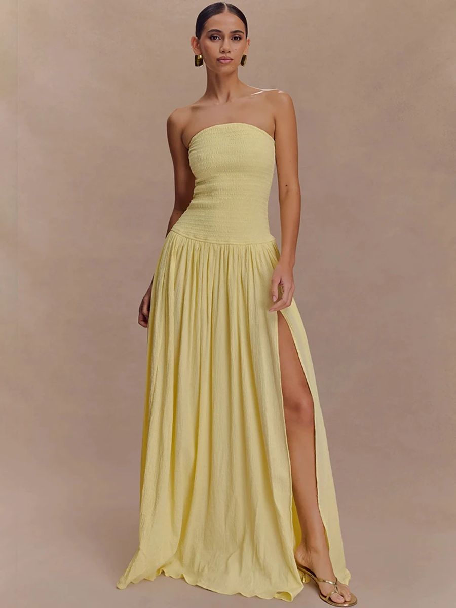 Elegant Off-Shoulder Strapless Backless Maxi Dress with High Split Mozision - Women's Maxi Dresses 2