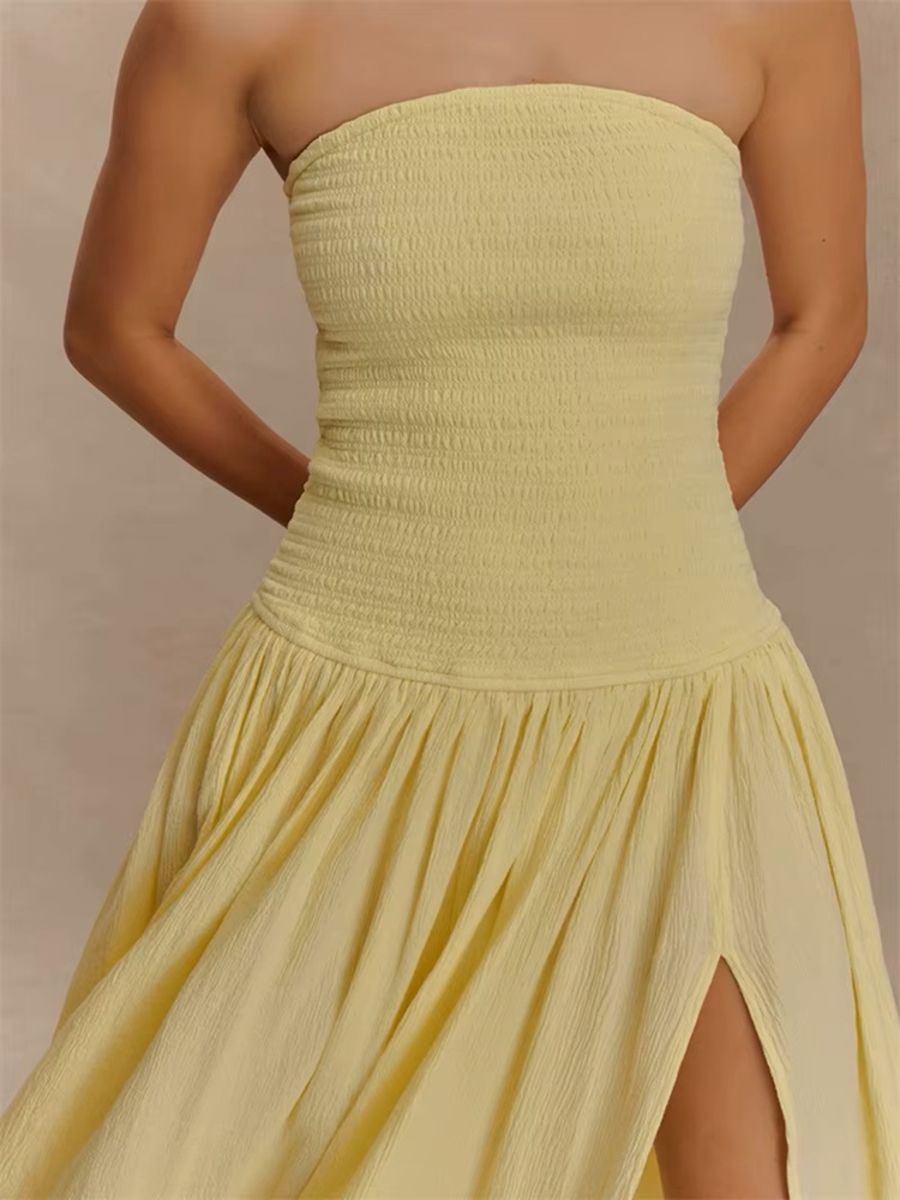 Elegant Off-Shoulder Strapless Backless Maxi Dress with High Split Mozision - Women's Maxi Dresses 4
